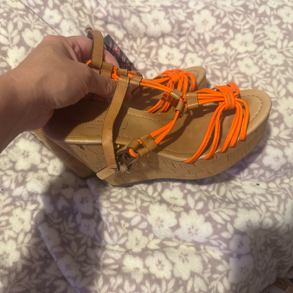 Coach Women’s Cork Wedge Sandals with Neon Orange Straps